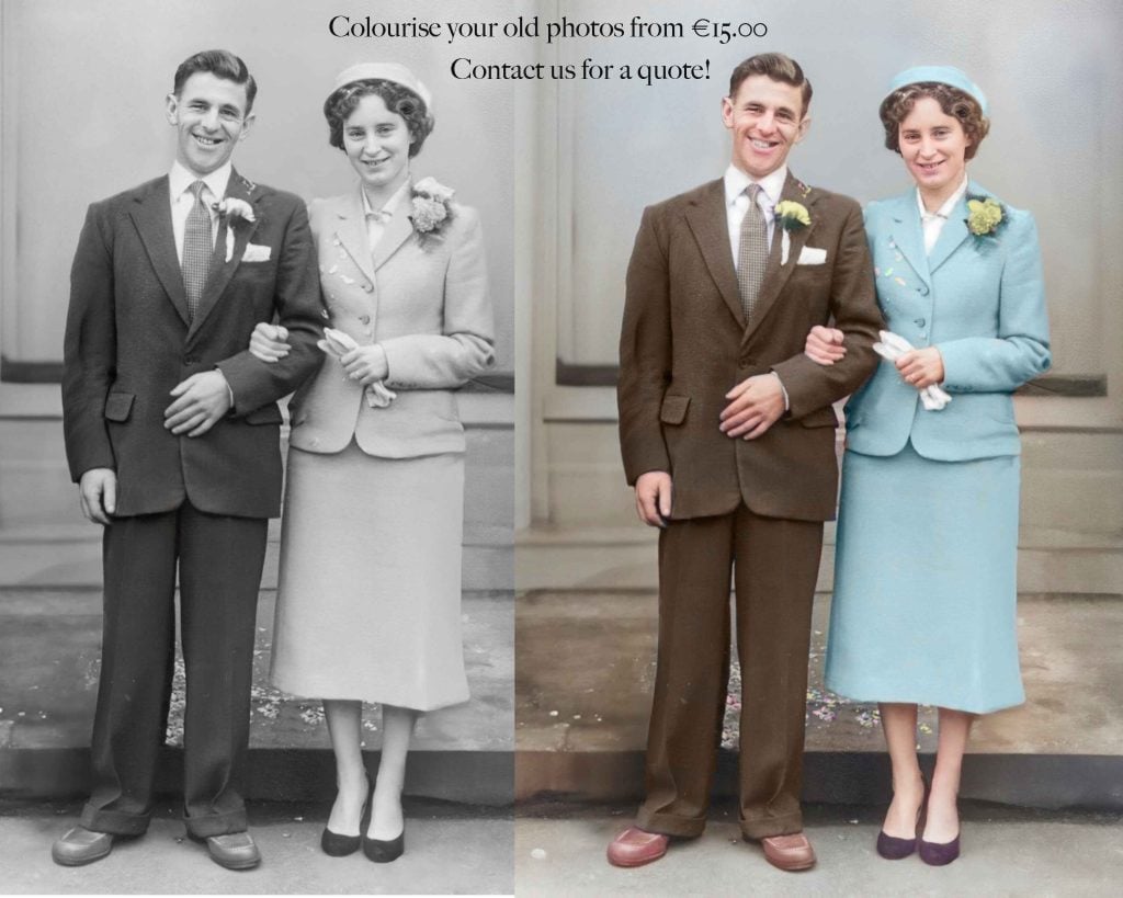 Before-and-after comparison of old images showing the results of photo retouching and editing, highlighting restored and enhanced details.