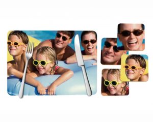 Personalised placemat and matching coasters, customizable with photos or designs, perfect for adding a personal touch to mealtimes or as a gift set.