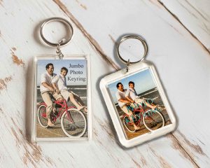 Personalised keyrings in standard (34mm x 45mm) and jumbo (50mm x 70mm) sizes, compact and durable, designed to carry your memories and make a perfect gift or keepsake.