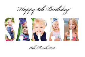 Custom artwork spelling a child’s name, with each letter represented by a different image or illustration.