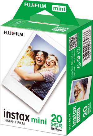 Pack of 20 sheets of Fujifilm Instax Mini colour film, glossy top layer, 46 x 62mm photo format with white frame, suitable for Instax Mini cameras.