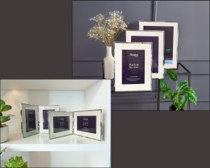 Silver photo frame in its own box, elegantly designed to display photos standing or hanging in portrait or landscape orientation.