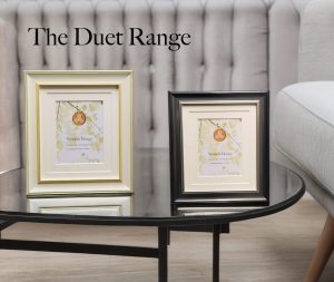 Duet frame, locally manufactured with a dramatic border, available in white, oak, silver, or black, suitable for standing or hanging in portrait or landscape orientation.
