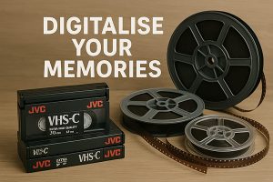 Visual showing video being transferred to a USB drive with the text “Digitise Your Memories,” highlighting digital preservation of media.