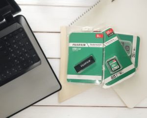 Fujifilm HD and SD memory cards in various capacities, displaying different gigabyte options for digital storage.