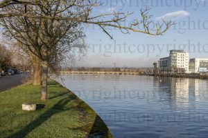 Photograph by Eamonn Bermingham showing a tree by a river with a building in the background, capturing Arklow’s charm and character.