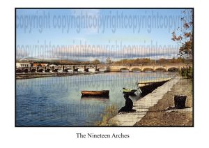 Blended image of The Nineteen Arches in Arklow, combining a historic photograph with a modern recreation from the same viewpoint, showcasing a fusion of past and present.