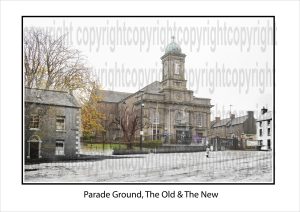 Blended image of Parade Ground in Arklow, merging a historic photograph with a modern recreation from the same viewpoint, highlighting a fusion of past and present.