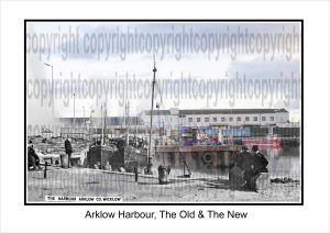 Blended image of Arklow Harbour, combining a historic photograph with a modern recreation from the same viewpoint, showcasing a fusion of past and present.