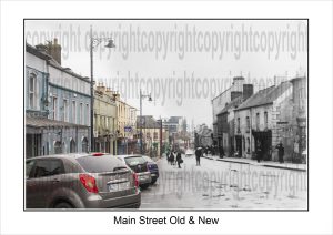 Blended image of Main Street in Arklow, combining a historic photograph with a modern recreation from the same viewpoint, showing a fusion of past and present.