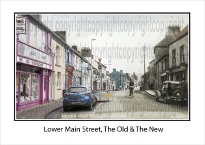 Blended image of Lower Main Street in Arklow, merging a historic photograph with a modern recreation from the same viewpoint, highlighting a fusion of past and present.