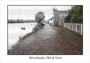 Blended image of Riverbank in Arklow, merging a historic photograph with a modern recreation from the same viewpoint, highlighting a fusion of past and present.