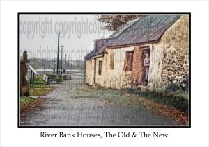 Blended image of River Bank Houses in Arklow, combining a historic photograph with a modern recreation from the same viewpoint, illustrating a fusion of past and present.