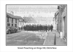 Blended image of street preaching on Kings Hill, merging a historic Arklow photograph with a modern recreation from the same viewpoint.