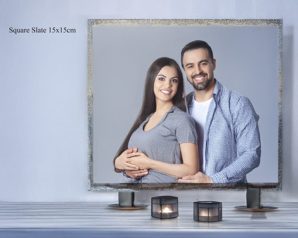 Man and woman embracing, featured on a personalised slate.