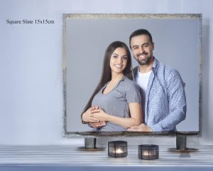 Man and woman embracing, featured on a personalised slate.
